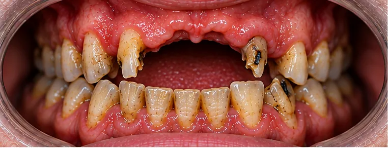 Simulated before image showing several missing and damaged front teeth