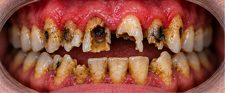 Simulated before image showing severely broken and decayed front teeth