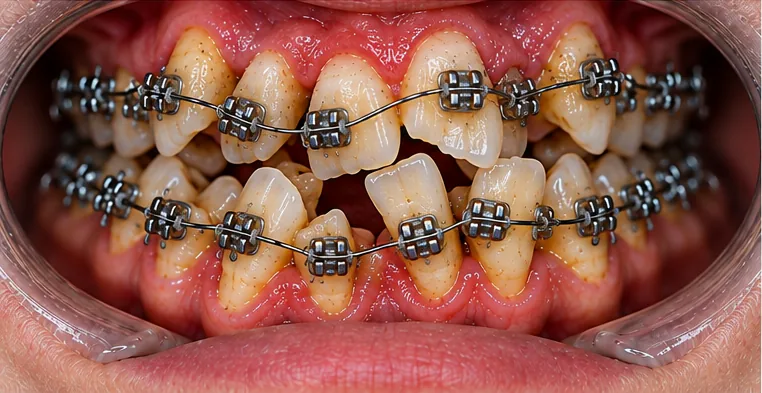 Simulated before image showing severely crowded teeth with braces